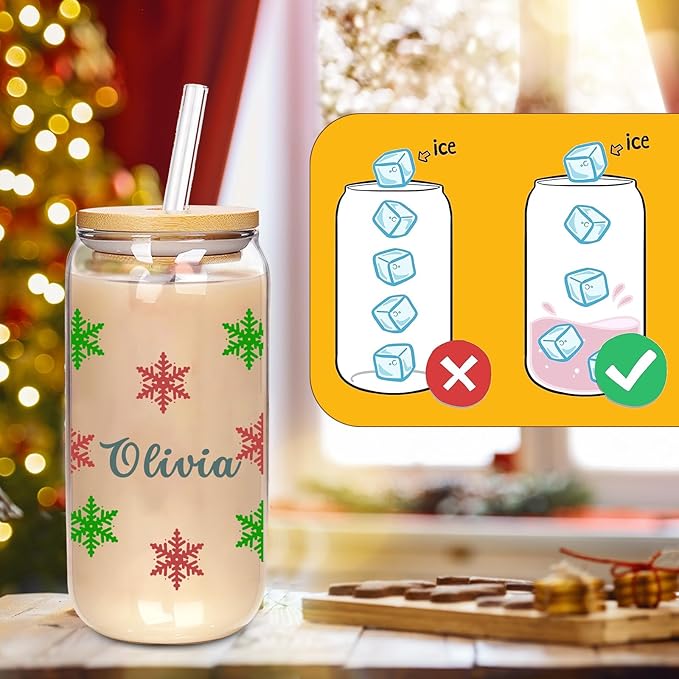 Personalised Christmas Cup, 18oz Clear Glass Cups with Lids and Straws，Cute Cups for Women，Snowflake Design, Reusable Drinking Cup with Bamboo Lids, Christmas Gifts for Men, Women and Friends