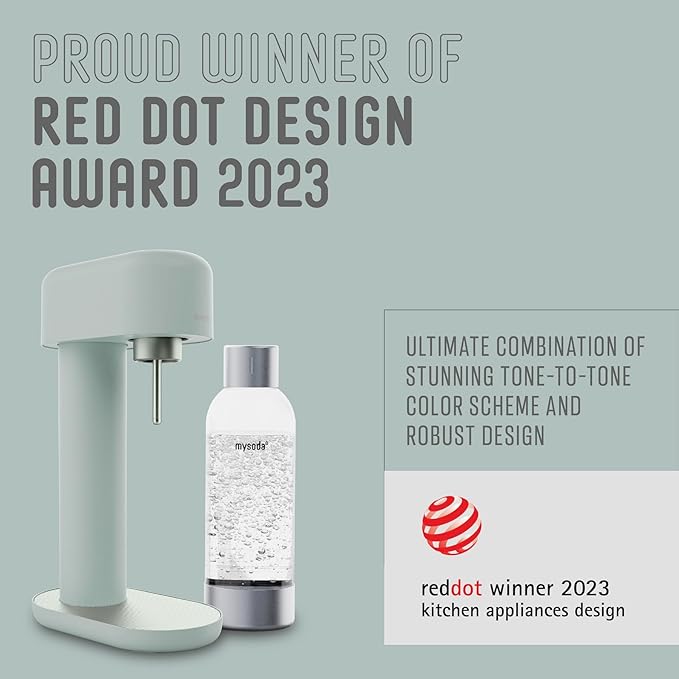 Mysoda Ruby 2 Sparkling Water Maker - Soda Streaming Machine Silent Carbonated Water Machine Robust Long-Lasting Aluminium Soda Maker 1L Water Bottle Without CO2 Cylinder - Sage Green Soda Machine