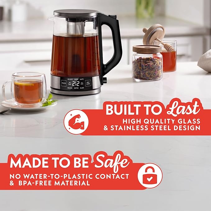 Gourmia Programmable Digital Glass Kettle – 1.7L Adjustable Temperature Electric Kettle with 6 Presets, Keep Warm, Stainless Steel Tea Infuser, 360° Swivel Base - Black