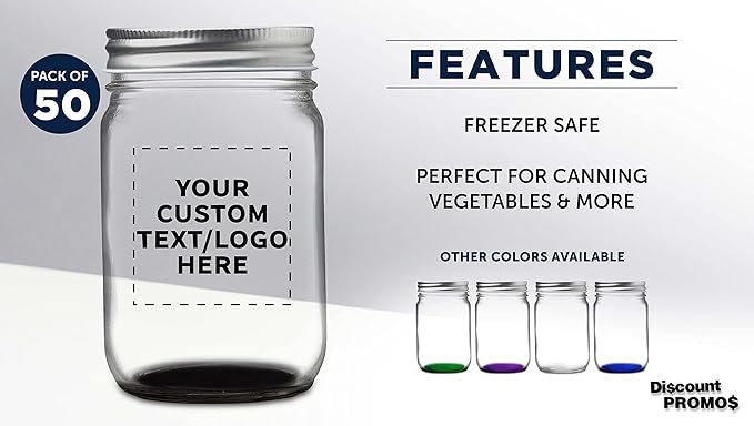 DISCOUNT PROMOS 50 Decorating Mason Jars Set, 12 oz. - Customizable Text, Logo - Canning, Aluminum Lid - Black