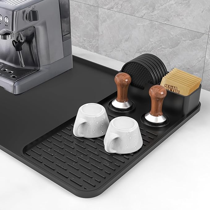 Silicone Coffee Mat with 6PCS Coasters,24''x16'' Kitchen Bar Accessories Fits Under Coffee Maker and Pot,Espresso Machine,Detachable Dish Drying Mat for Tamper,Sugar Packets,Cups,Countertop Protection