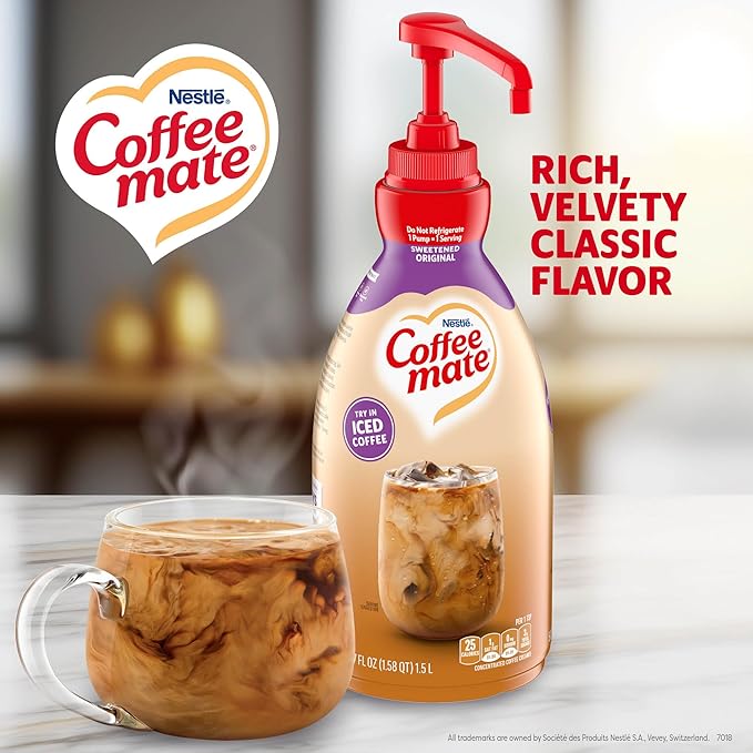Nestle Coffee mate Coffee Creamer, Sweetened Original, Concentrated Liquid Pump Bottle, Non Dairy, No Refrigeration, 50.7 oz (Pack of 2)