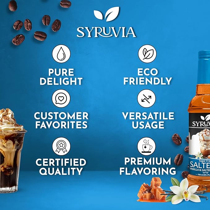 Syruvia Sugar Free Coffee Syrup, SALTELLA Syrup, Vanilla Salted Caramel Flavored Syrup for Drinks, Lattes, and Desserts – 25.4 fl oz