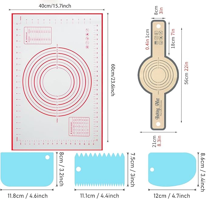 Silicone Baking Mat 16" x 24" - 2 Pcs Silicone Bread Sling for Dutch Oven - NonStick High Degree Kitchen Sour Bread Making Loaf Pan Lifter Liner,Non-Slip Pastry Mat for Rolling Dough,3 Scrapers