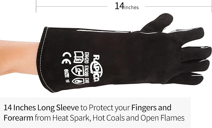 RAPICCA Fireplace Gloves Fire Heat Resistant: Black 14IN - Fireproof Leather for Fireplace Fire Pit Wood Stove Campfire Furnace BBQ Grill Oven Stick Mig Welding Welder Gear - Birthday Gift for men