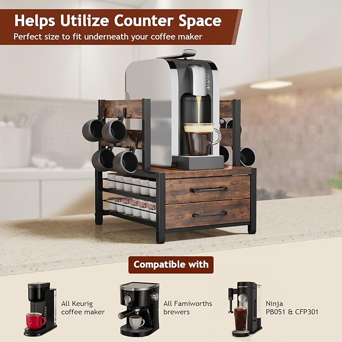 K Cup Holder Drawer - Coffee Pod Organizer for Counter, Sturdy k cups Storage Drawer with Mug Rack, Coffee Maker Stand, 70 Capacity Pods, Home Kitchen Counter Organizer, Rustic Brown