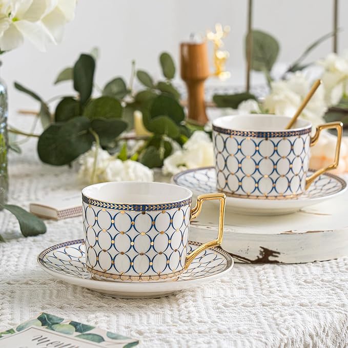 CwlwGO- Bone China Tea Cup Sets,15-Pieces Tea Cup and Saucer Set Service For 4 Whit 28 Ounces Teapot,Sugar Bowl,Creamer Pitcher and Spoons, Tea Gifts Sets For Women Patry.