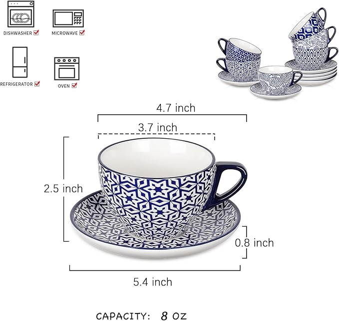 Selamica Ceramic 8 oz Cappuccino Cup Set with Saucers, Espresso Coffee Cups, Latte Macchiato for Party Cafe Home, Set of 6, Vintage Blue