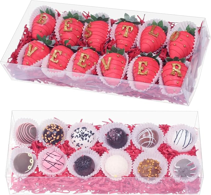 RomanticBaking 5Pcs 12x5x2Inches Clear Easter Cookies Boxes Plastic Chocolate Covered Strawberries Boxes for 12 Chocoalte Truffle Box Bakery Box Cakesickle Gift Treat Pack for Christmas Valentine's