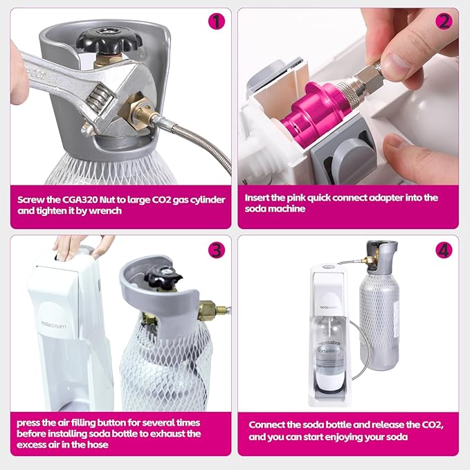Pink Quick Connect CO2 Adapter 60in Hose Kit, CGA320 CO2 Cylinder Tank Direct to Sparkling Water Soda Maker for Terra DUO Art Gaia Aqua Fizz