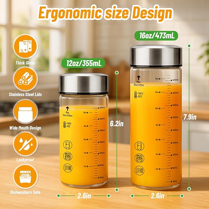 16oz Glass Water Bottles with Lids, 4 Pack Reusable Wide Mouth Juice Bottles with Stainless Steel Caps, Leakproof Borosilicate Glass for Juicing, Smoothies & Storage, BPA-Free,Dishwasher Safe