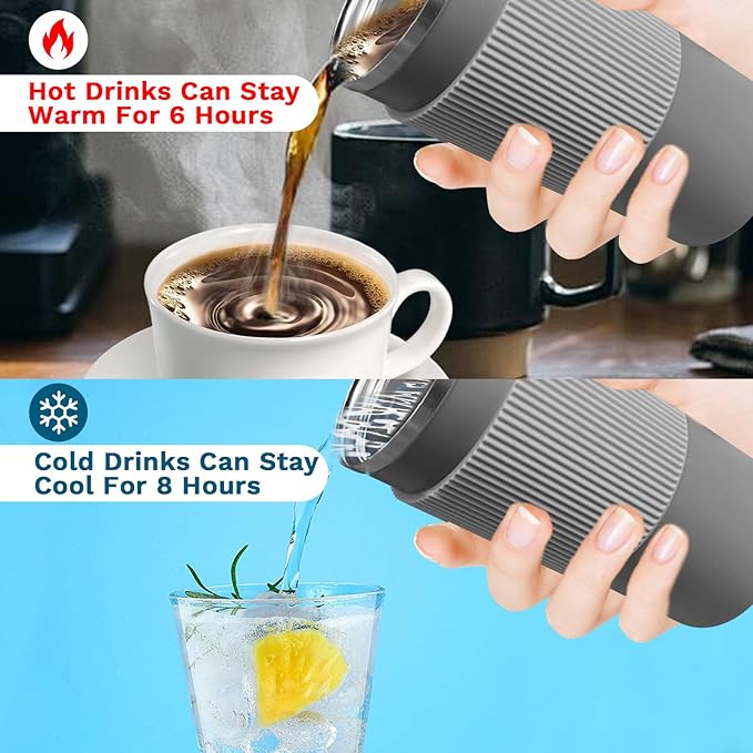 YINBAOGE Insulated Travel Coffee Mug Spill Proof Leak Proof Pobtable To Go Camping Stainless Steel Coffee Tumbler Reusable Coffee Cups with Lids Thermos for Hot and Cold Drink (4th-Gray, 15OZ)