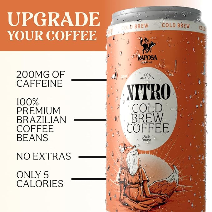 Raposa Nitro Cold Brew Ready to Drink Coffee 250ml - 8.45oz - Dairy Free - Cold brew ready to drink, Non GMO, No Artificial Anything - 225mg Caffeine (Classic Dark Roast)