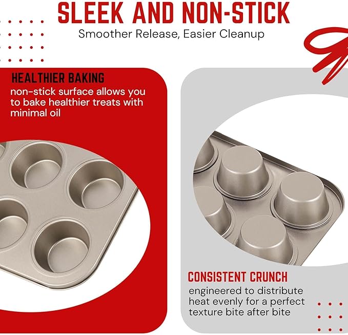 Flexzion Muffin Tray Cupcake Baking Pan 2 Pack, 12-Cup Nonstick Carbon Steel Muffin Tin Non-Stick Cupcake Tin Bakeware Accessories for Baking Cupcake Muffin Brownies Snack, Fridge Safe, Champagne Gold