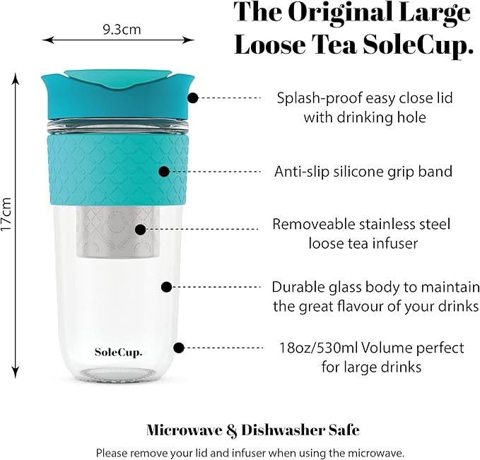 Large Travel Mug Loose Tea Infuser - Detachable Tea Strainer with Spill Proof Lid - 18oz/530ml BPA-Free Reusable Glass Travel Coffee Cup with Silicone Band (Pink) (Blue)