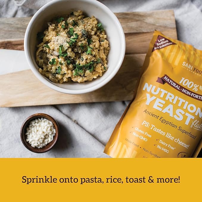 Sari Foods Non-Fortified Nutritional Yeast Flakes - 8oz - Superfood, Protein. Gluten Free & Dairy Free Vegan Cheese Parmesan Substitute, Vitamins B, Beta-glucans & 18 Amino Acids