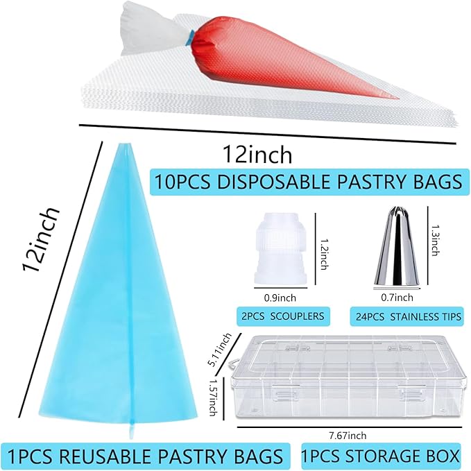 40PCS Piping Bags and Tips Set 12 Inch Pastry Bags Cakes Decorating Kit Supplies, 10 Icing Bags Disposable with 1 Reusable Piping Bags, 24 Frosting Tips, 2 Couplers, 1 Storage Box
