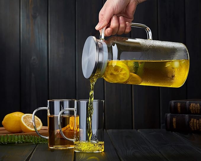 42OZ Glass Pitcher with Lid and Spout, Water Jug, 1250ml Carafe for Hot/Cold Water, Large Iced Tea Pitcher for Coffee, Juice and Homemade Beverage