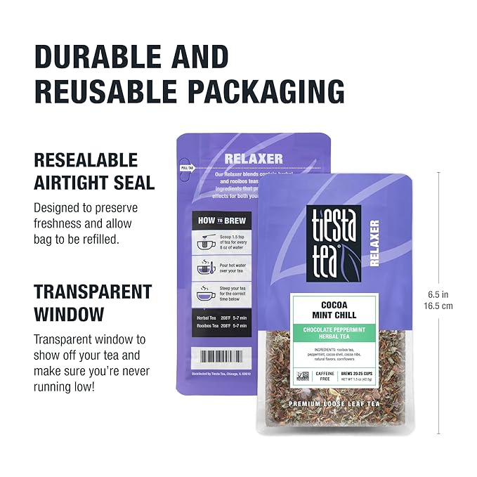 Tiesta Tea - Cocoa Mint Chill Loose Leaf Tea, Chocolate Peppermint Herbal Rooibos Blend, Non-Caffeinated, Brew Hot or Iced, Makes Up to 25 Cups, Resealable Pouch, 1.5 Ounce