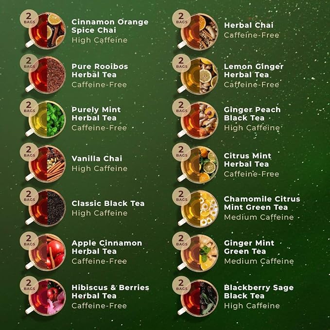 Gya Tea Co 14 Flavors Merry Tea Gift Set Variety Pack (28 Packs) - Assorted Loose Leaf Tea Sampler for Warm Holidays - Get Well Gifts With Infuser & Spoon