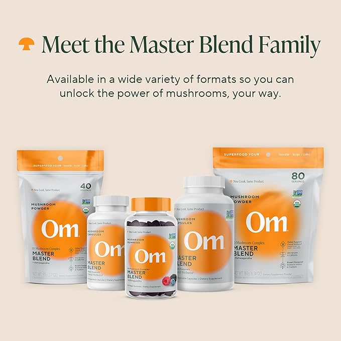 Om Master Blend Mushroom Capsules - Organic Mushroom Supplement with 10 Mushrooms and Ashwagandha – Support Immunity, Gut Health & Stress Relief, 168 Count (56 Servings)