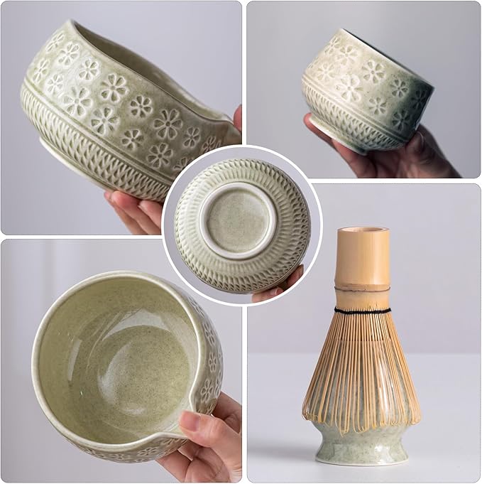 Matcha Whisk Set, 10 Pcs Matcha Set Includes Matcha Bowl, 2 Cups, Matcha Whisk and Holder, Bamboo Scoop and Spoon, Scoop Rest, Sifter and Tea Towel, Complete Matcha Kit (Mottled Green)