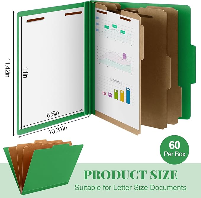 60 Pcs Classification Folders Letter Size, Back to School Supply for Teacher, Student, 3 Dividers Pressboard File Folder Bulk with 2 Fasteners, 3.5 Inch Expanding File Organizer (Green)