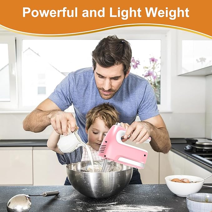 CBQ Hand Mixer Electric, 5-Speed 400W Powerful Motor, Hand Mixer Electric Handheld with Storage Case, Turbo Boost and 5x Accessories, Flat Beaters, Dough Hooks, Whisk (Pink)