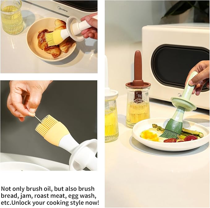 Oil Dispenser with Brush - Glass Olive Oil Dispenser for Kitchen, 3 IN 1 Oil Dispenser Bottle with Silicone Basting Brush for Cooking Vinegar Sauce BBQ Grill Frying (White)