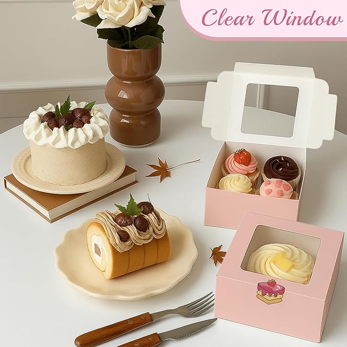 OAMCEG 30 Pack Cookie Boxes with Window, 6x6x3 Inches Pink Cupcake Boxes, Bakery Treat Boxes with Stickers & Twine for Pastry, Desserts, Strawberries, Cupcakes, Gift Giving