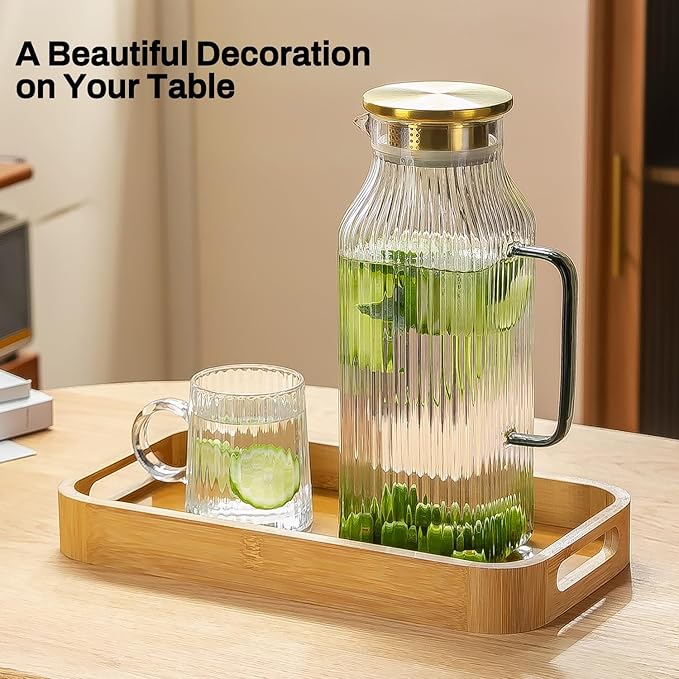 2 PACK Square Glass Pitcher with Lid and Spout,68 oz/2 Liter Vertical Stripes Water Pitcher for Fridge, Borosilicate Glass Water Carafe for Cold Brew, Coffee, Lemonade, Sun Tea,Heat Resistant