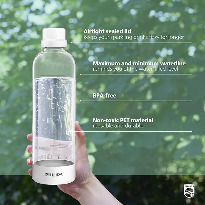 PHILIPS Carbonating Bottles ADD910WHOQ/37, 1L Twin Pack Reusable PET Water Bottles Compatible Sparkling Water Maker, 2 Pack for ADD4902BKOQ/37, ADD4902WHOQ/37 and ADD4901GROQ/37, ADD4901BKOQ/37