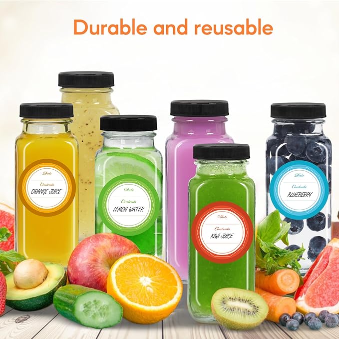 STARSIDE 8 oz Glass Juice Bottles with Lids 6 Pack - Square Reusable Drinking Jars for Juicing, Milk, Kombucha - Includes 1 Bottle Brush, 6 Colored Labels