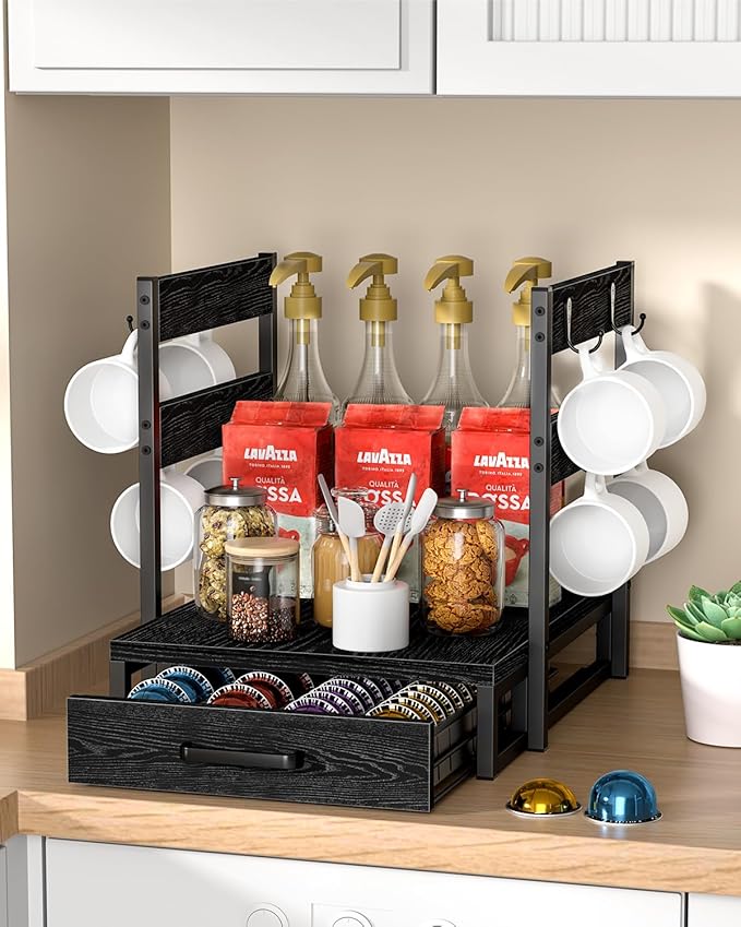 Coffee Pod Holder Compatible with Nespresso, Vertuo Pod Holder for 56 Small or 28 Large, Nespresso Capsule Organizer Drawer Coffee Maker Station with Cup Rack, Black