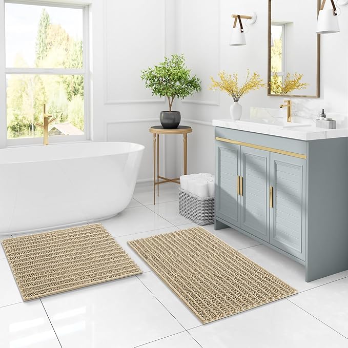 Arotive Luxury Chenille Bathroom Rug Mat, Extra Soft Thick Absorbent Shaggy Bath Rugs, Non-Slip Machine Wash Dry, Plush Bath Mats for Bathroom, Shower and Tub, 45x27, Beige