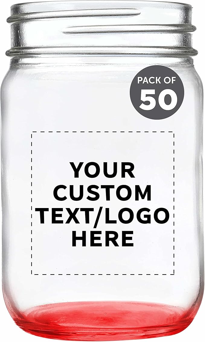 DISCOUNT PROMOS Custom Decorating Mason Jars 12 oz. Set of 50, Personalized Bulk Pack - Glass Jars for Overnight Oats, Candies, Fruits, Pickles, Spices, Beverages - Red