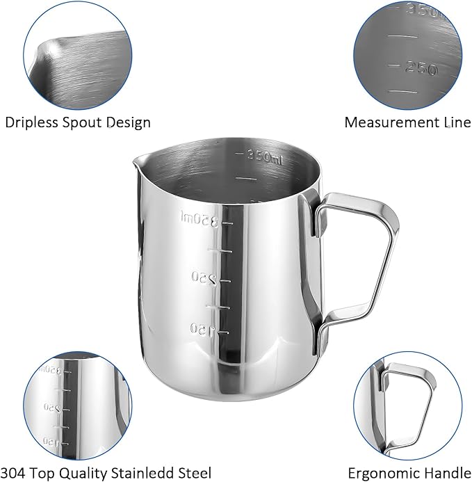 4 Pcs Stainless Steel Espresso Milk Frothing Pitcher Set with Latte Art Pen, 12 oz Milk Frother Cup, Frothing Cup for Cappuccino, Latte, Home & Cafe Use