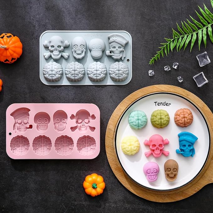 Halloween Chocolate Mold Silicone,2pcs Cavity Candy Gummy Mold with Skull and Brain for Baking Chocolate Jelly Gummy Desser