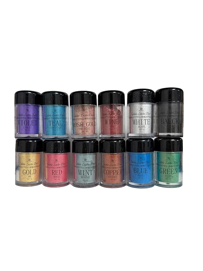 Edible Glitter Set - Luster Dust Edible Set 12 Metallic Colors - Food Grade Coloring Glitter Shimmer Dust Powder, Dusting Powder for Cake Decorating, Baking, Drinks, Fondant, Candy, Cookie - 5g Each