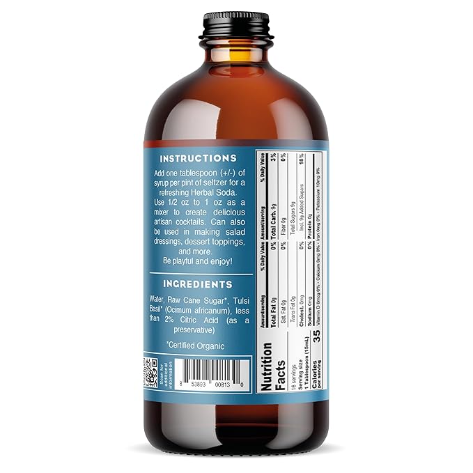 Bluestem Botanicals Organic Tulsi Basil Simple Syrup, 8 oz, Cocktail and Mocktail Mixer for Drinks, Non-Alcoholic