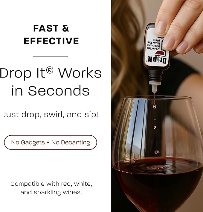 Drop It Wine Drops, Original - 10 mL, 6 Pack - Naturally Reduces Sulfites & Tannins in Red, White & Sparkling Wines - Portable, Easy to Use - Treats Up to 55 Glasses/9 Bottles of Wine Each - USA Made