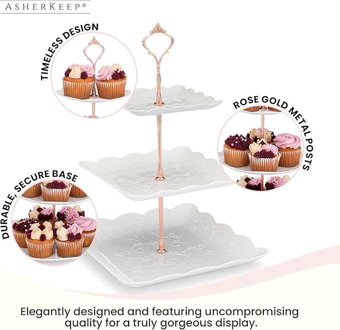 3 Tier Cupcake Stand - Dessert Table Display Set, Tiered Serving Cake Tray, White Embossed Dessert Stand, Parties Serving Plate, Decorative Centerpiece to Any Occasion - (Square)