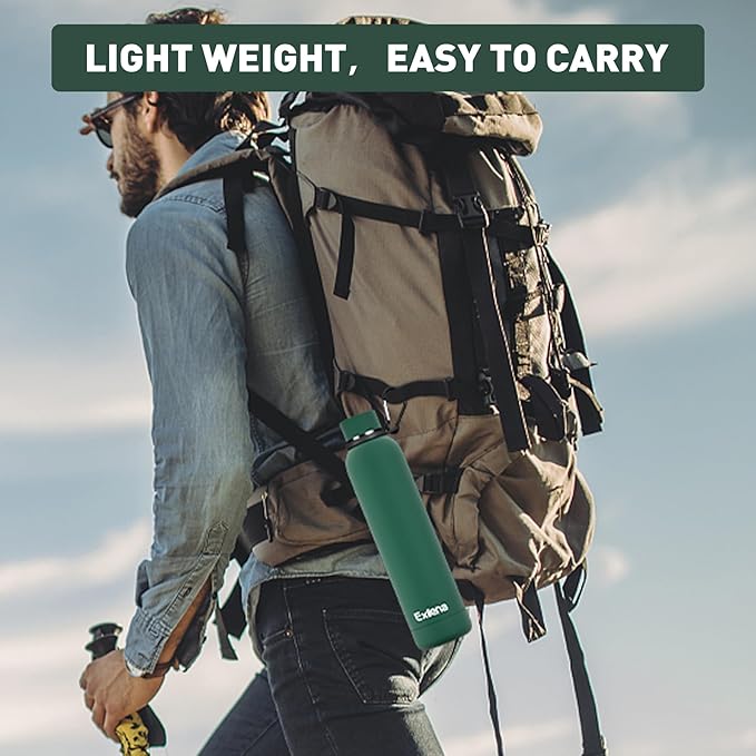 Slim Insulated Water Bottles for Travel 25oz with Clip, Double Wall Vacuum Stainless Steel Water Bottle Keeps Drinks Cold 24 Hrs/Hot 12 Hrs, 100% Leakproof, BPA Free(Emerald Green)