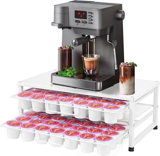 K Cup Holder Organizer for 70 Pods, 2-Tier Coffee Pod Holder for K-Cup with 2 Sliding Storage Drawers, Coffee Station Bar Organizer Accessories for Kitchen Countertop Home Office, White