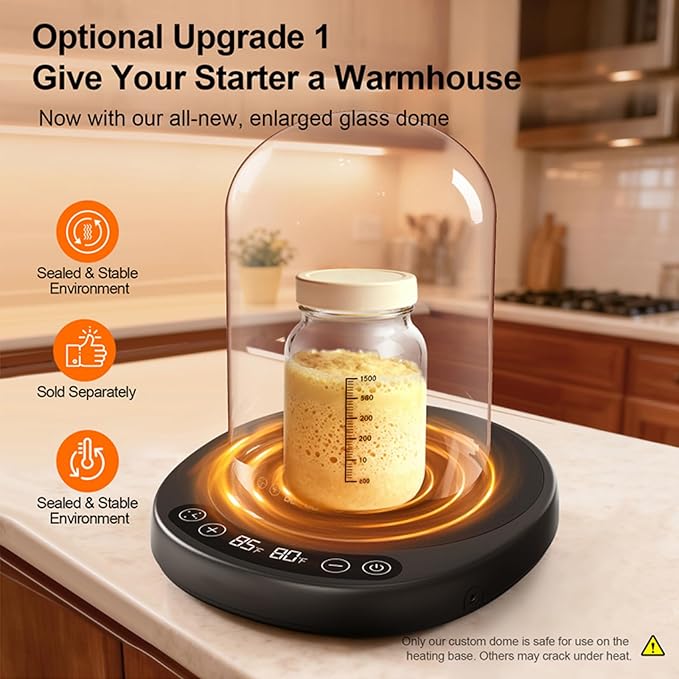 Sourdough Starter Warmer Kit Gift Set – Precise 1°F Warmer with Glass Dome, Auto On/Off, 12H Timer, Consistent 70–100°F Heat for Perfect Fermentation, Ideal Gift for Home Bakers Giftset-BLK