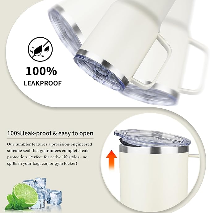 20oz Insulated Tumbler with Handle Stainless Steel Travel Coffee Mug with Lid and Straw Double Wall Vacuum Leak-proof Reusable Thermal Water Cup for Hot and Cold Drinks (Cream,1 Pack)