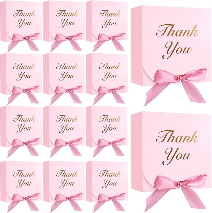 VGOODALL 20PCS Thank You Gift Boxes, 4.5x4.5x1.9Inches Mini Party Favor Boxes Pink Treat Bags with Bow Ribbon for Wedding Bridal Baby Shower Birthday Party