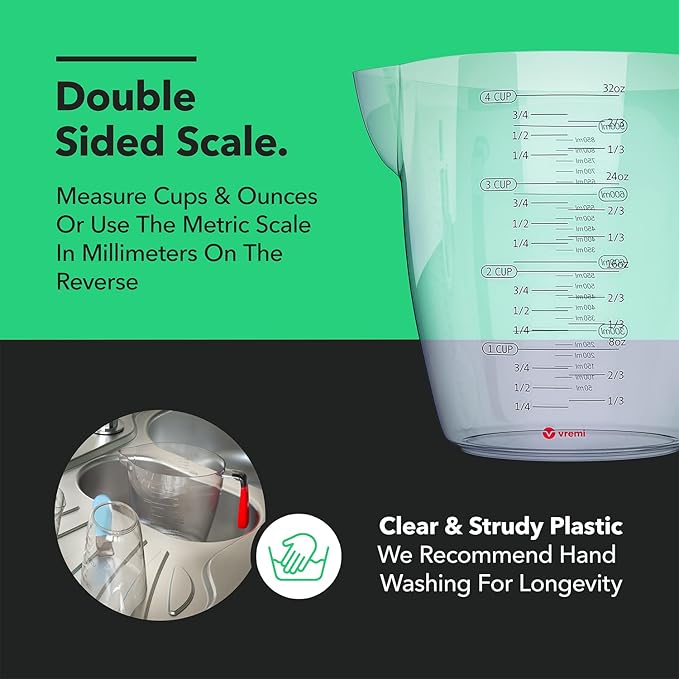 Vremi 3 Piece Plastic Measuring Cups Set - BPA Free Liquid Nesting Stackable Measuring Cups with Spout and Decorative Red Blue and Green Handles - includes 1, 2 and 4 Cup with Ml and Oz Measurement