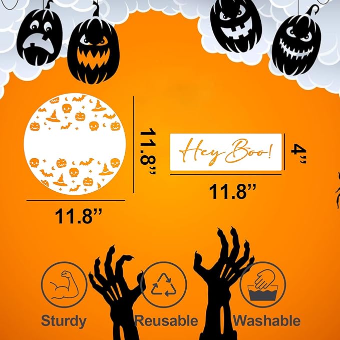 Halloween Stencils for Painting 12inch Large Reusable Halloween Stencil for Door Hanger Round Skeleton Ghost Boo Templates for Wood Walls Windows Door Mat Fabric