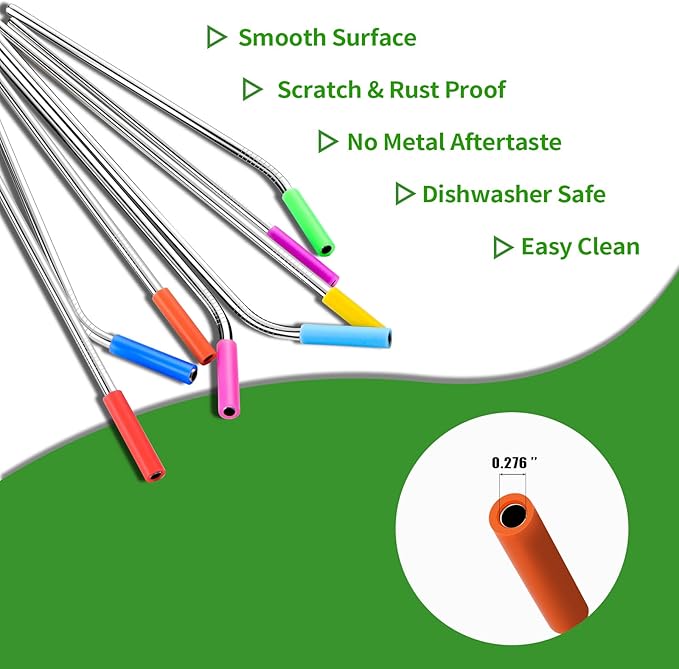 Lazycorner 16 Pcs Metal Straw Reusable 8.5" 10.5" 6mm Stainless Steel Straws for Kids,20oz-32oz, Silver Drinking Straws with Silicone Tips, 4 Straw Cleaner Brush, 1 Travel Case